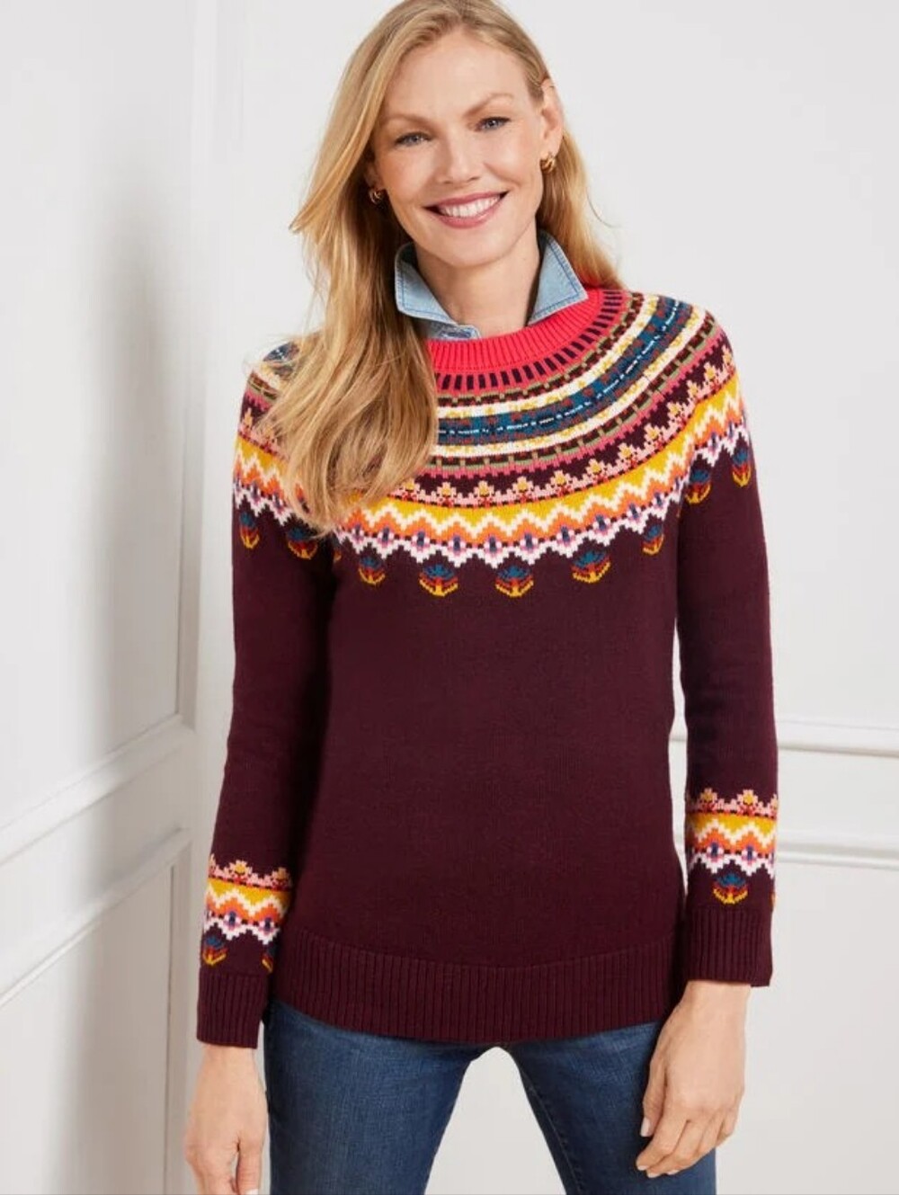 Talbots Fair Isle Yoke Crewneck Sweater
